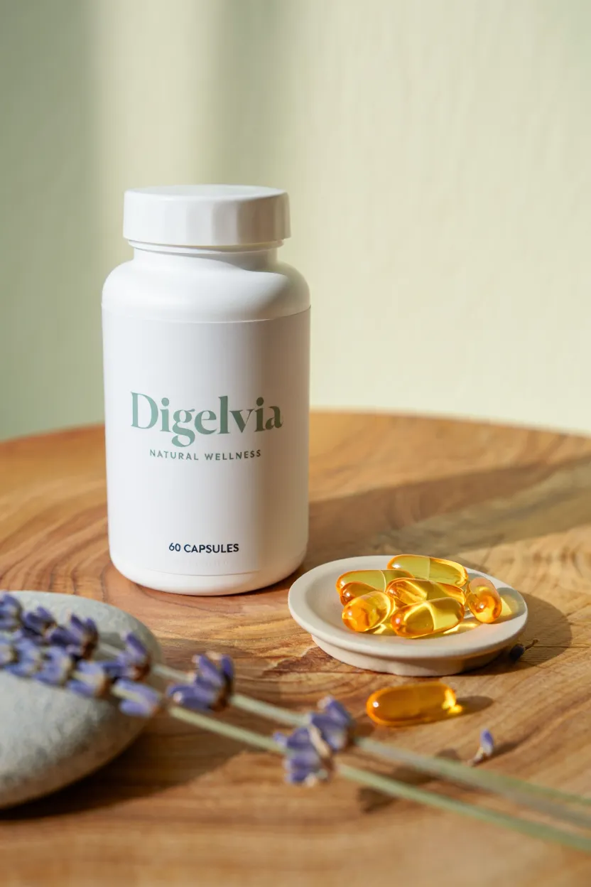 Digelvia natural wellness supplement bottle with capsules displayed on a natural wooden surface